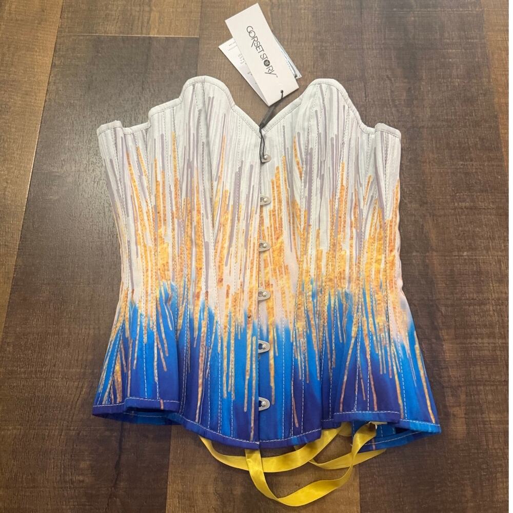 NWT Corset Story Blue Gold Abstract Overbust Steel Boned Corset Size 20"